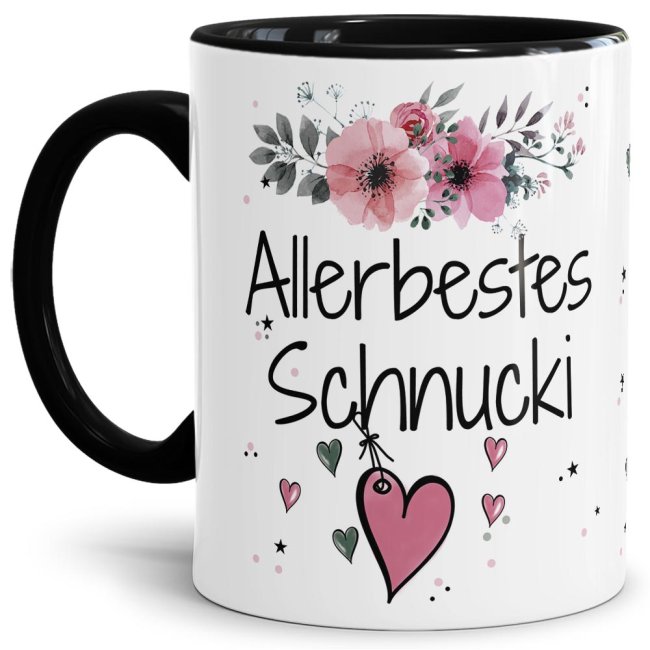 Liebevoll gestaltete Motivtasse - Innen & Henkel Schwarz - mit süßem Spruch - Allerbestes Schnucki weiblich. Ganz persönliches und originelles...