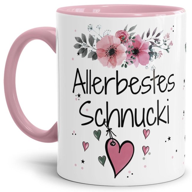 Liebevoll gestaltete Motivtasse - Innen & Henkel Rosa - mit süßem Spruch - Allerbestes Schnucki weiblich. Ganz persönliches und originelles...