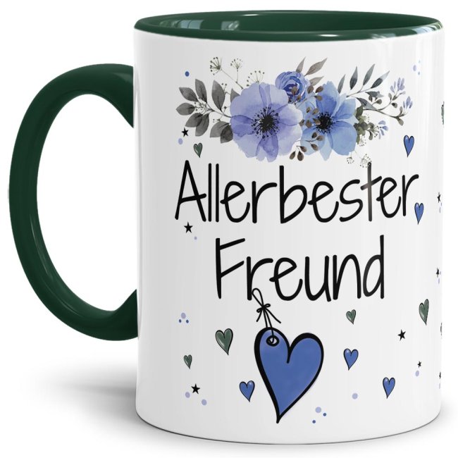 Liebevoll gestaltete Motivtasse - Innen & Henkel Dunkelgrün - mit süßem Spruch - Allerbester Freund. Ganz persönliches und originelles Geschenk und...