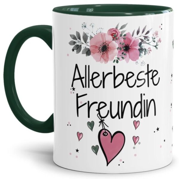 Liebevoll gestaltete Motivtasse - Innen & Henkel Dunkelgrün - mit süßem Spruch - Allerbeste Freundin. Ganz persönliches und originelles Geschenk...