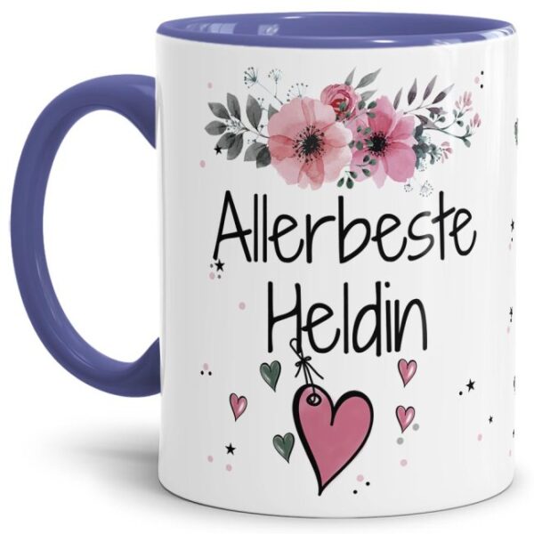 Liebevoll gestaltete Motivtasse - Innen & Henkel Cambridge Blau - mit süßem Spruch - Allerbeste Heldin. Ganz persönliches und originelles Geschenk...