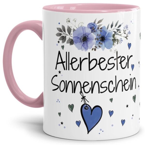 Liebevoll gestaltete Motivtasse - Innen & Henkel Rosa - mit süßem Spruch - Allerbester Sonnenschein männlich. Ganz persönliches und originelles...