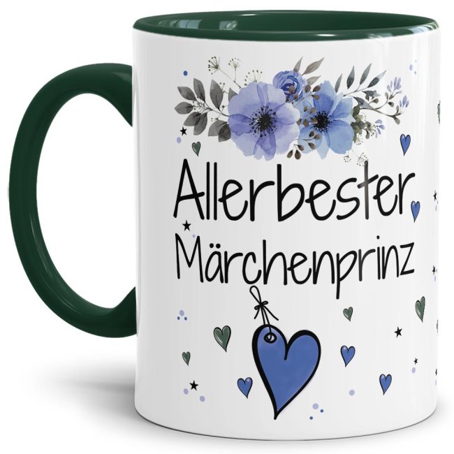 Liebevoll gestaltete Motivtasse - Innen & Henkel Dunkelgrün - mit süßem Spruch - Allerbester Märchenprinz. Ganz persönliches und originelles...