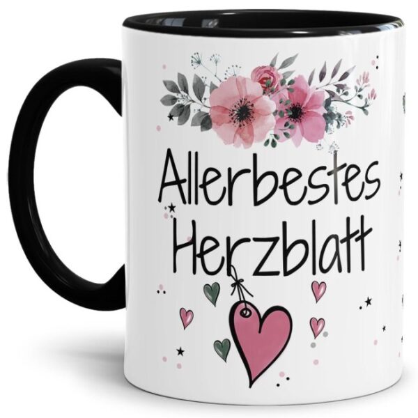 Liebevoll gestaltete Motivtasse - Innen & Henkel Schwarz - mit süßem Spruch - Allerbestes Herzblatt weiblich. Ganz persönliches und originelles...