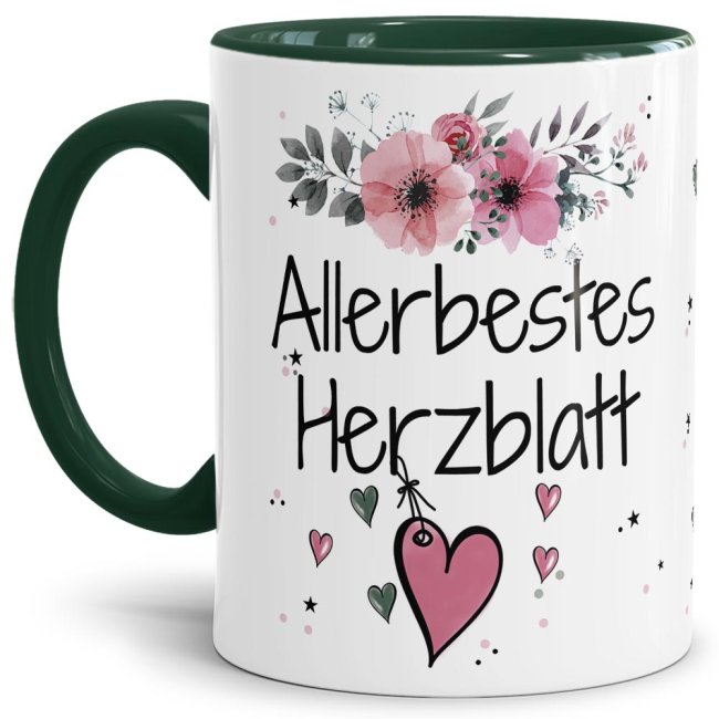 Liebevoll gestaltete Motivtasse - Innen & Henkel Dunkelgrün - mit süßem Spruch - Allerbestes Herzblatt weiblich. Ganz persönliches und originelles...