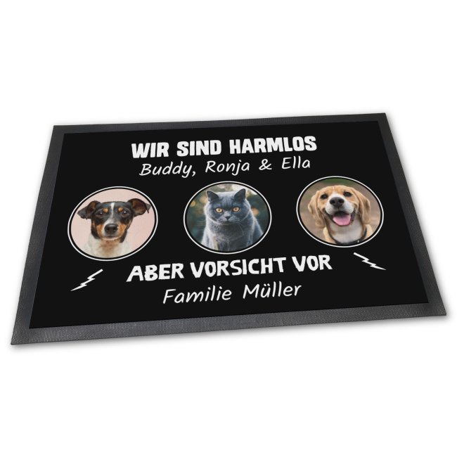 Fußabtreter mit Hunde-Spruch - Wir sind harmlos - aber Vorsicht vor X"- mit Fotos und Namen selbst gestalten. Mit dieser Fußmatte direkt an der..."