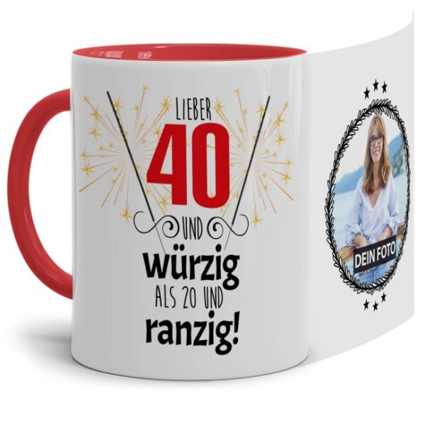 Fototasse zum 40. mit lustigem Spruch - Lieber 40 und würzig