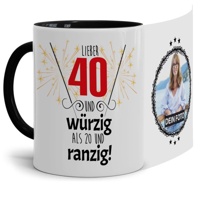 Fototasse zum 40. mit lustigem Spruch - Lieber 40 und würzig