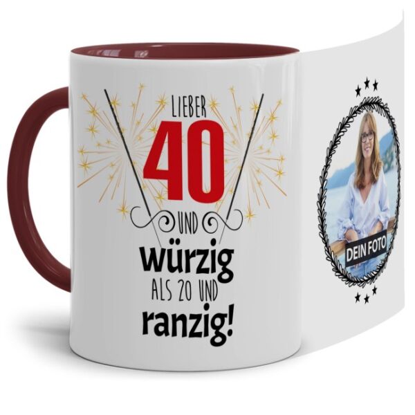 Fototasse zum 40. mit lustigem Spruch - Lieber 40 und würzig