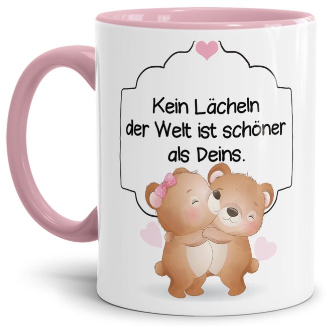 Liebevoll gestaltete Tasse mit Bärchen-Motiv mit rosa Akzent und süßem Spruch - kein Lächeln ist schöner