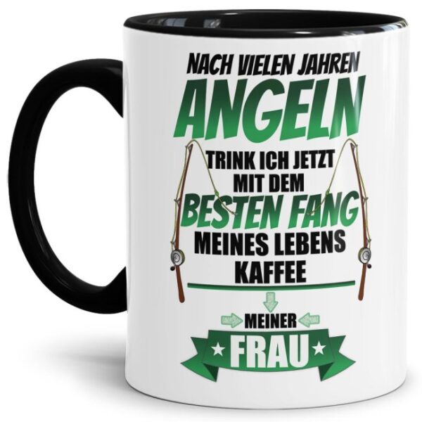 Bedruckter Kaffeebecher aus hochwertiger Keramik mit schwarzem Akzent für die Anglerfreundin - Eine süße Liebeserklärung für die Partnerin