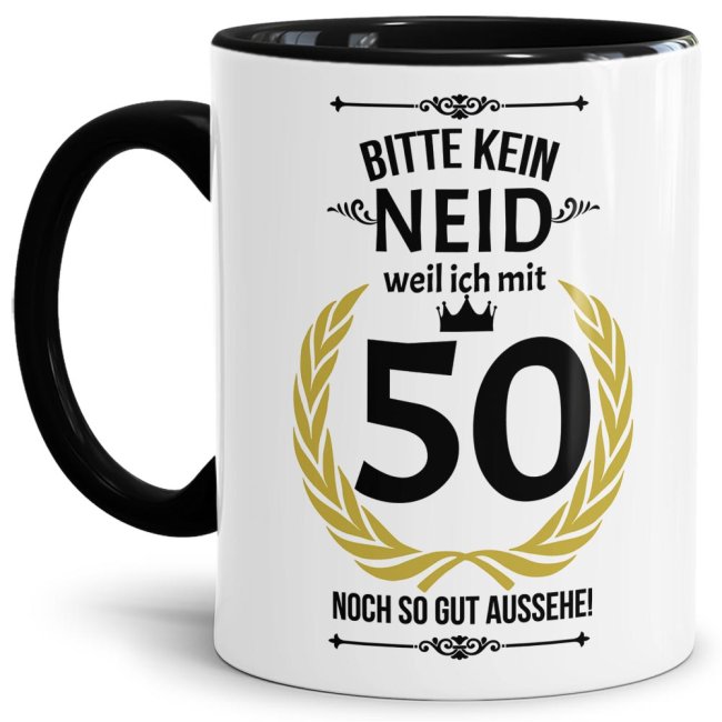 Hochwertige Keramiktasse mit lustigem Spruch mit schwarzem Akzent zum runden in Bitte kein Neid