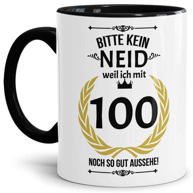 Hochwertige Keramiktasse mit lustigem Spruch mit schwarzem Akzent zum runden in Bitte kein Neid