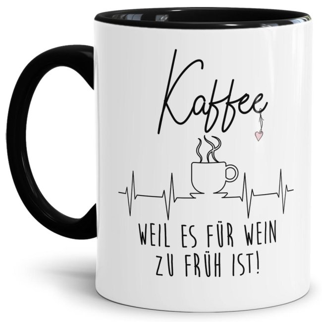 Witzig bedruckte Kaffeebecher für Büro und Arbeit mit schwarzem Akzent mit Guten-Morgen-Spruch als kleine Aufmunterung für den ersten Kaffee am...