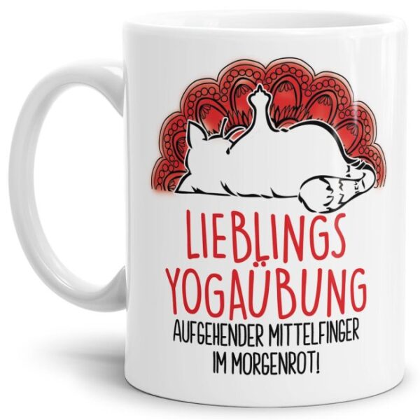 Witzig bedruckte Kaffeebecher für Büro und Arbeit in Weiß mit Katze und Spruch - Lieblings-Yogaübung - als kleine Aufmunterung für die erste...