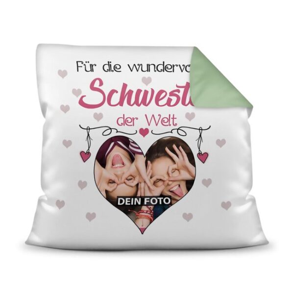 Suchst Du ein besonderes Fotogeschenk für Deine Schwester? Hier gestaltest Du ein edles Fotokissen für die beste Schwester mit dem schönsten