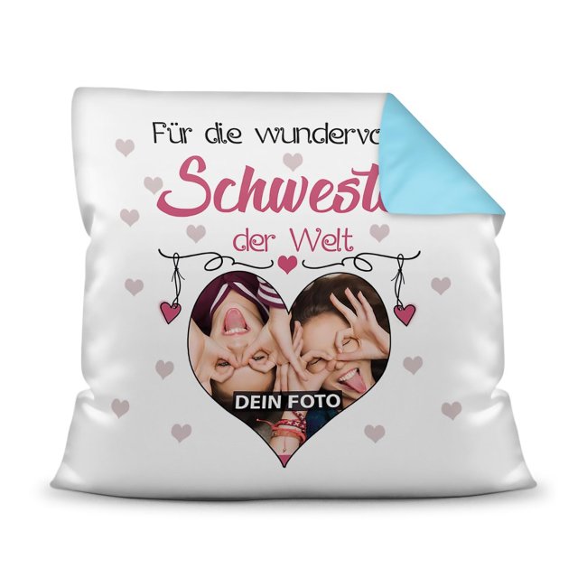 Suchst Du ein besonderes Fotogeschenk für Deine Schwester? Hier gestaltest Du ein edles Fotokissen für die beste Schwester mit dem schönsten