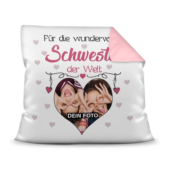 Suchst Du ein besonderes Fotogeschenk für Deine Schwester? Hier gestaltest Du ein edles Fotokissen für die beste Schwester mit dem schönsten