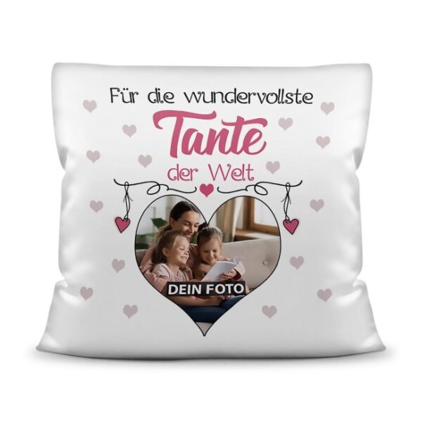 Suchst Du ein besonderes Fotogeschenk für Deine Tante? Hier gestaltest Du ein edles Fotokissen für die beste Tante mit dem schönsten