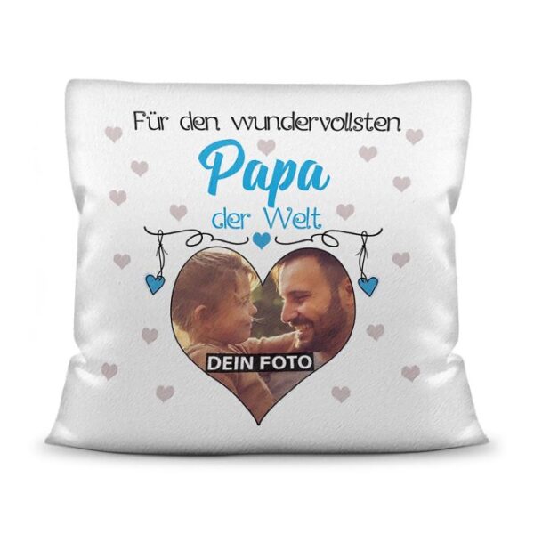 Suchst Du ein besonderes Fotogeschenk für Deinen Papa? Hier gestaltest Du ein edles Fotokissen für den besten Papa mit dem schönsten