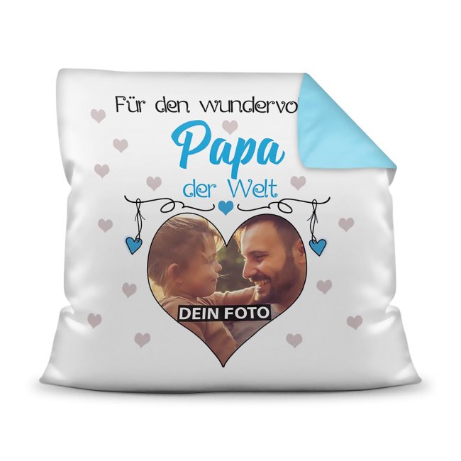 Suchst Du ein besonderes Fotogeschenk für Deinen Papa? Hier gestaltest Du ein edles Fotokissen für den besten Papa mit dem schönsten