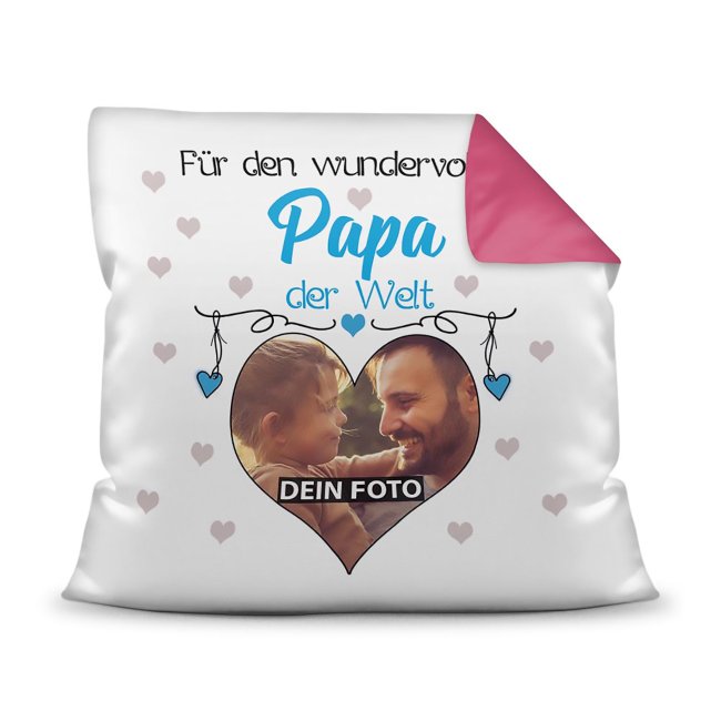 Suchst Du ein besonderes Fotogeschenk für Deinen Papa? Hier gestaltest Du ein edles Fotokissen für den besten Papa mit dem schönsten