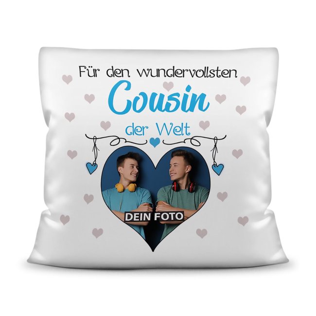 Suchst Du ein besonderes Fotogeschenk für Deinen Cousin? Hier gestaltest Du ein edles Fotokissen für den besten Cousin mit dem schönsten