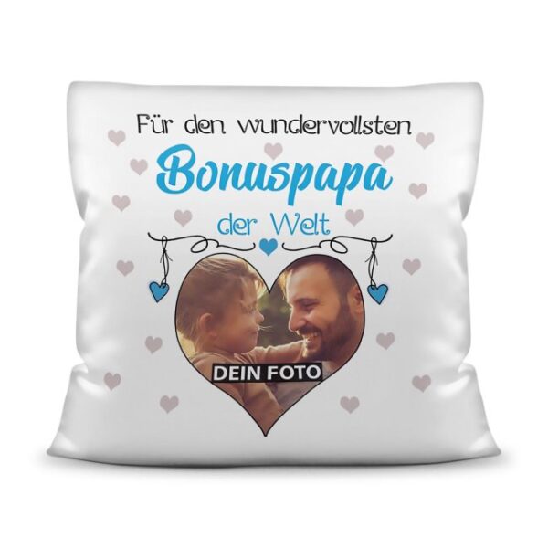 Suchst Du ein besonderes Fotogeschenk für Deinen Bonuspapa? Hier gestaltest Du ein edles Fotokissen für den besten Bonuspapa mit dem schönsten