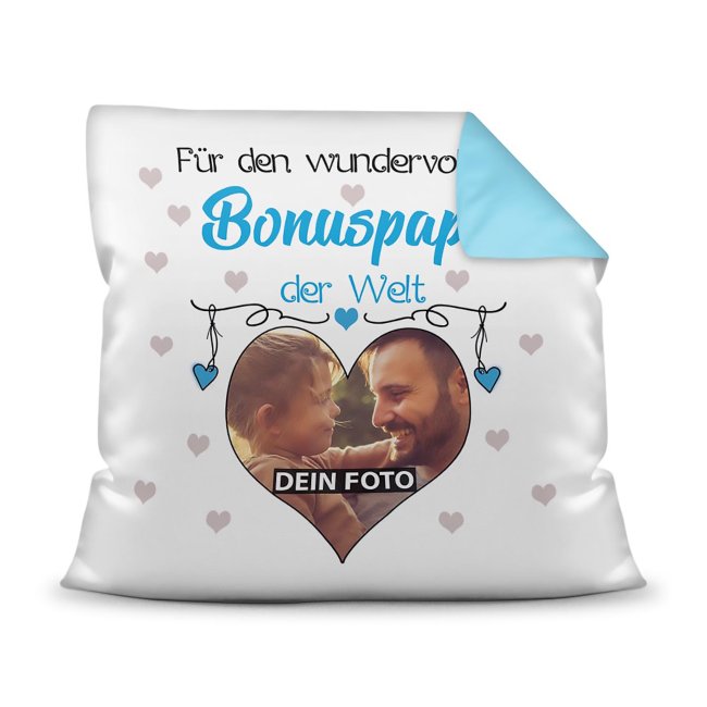 Suchst Du ein besonderes Fotogeschenk für Deinen Bonuspapa? Hier gestaltest Du ein edles Fotokissen für den besten Bonuspapa mit dem schönsten