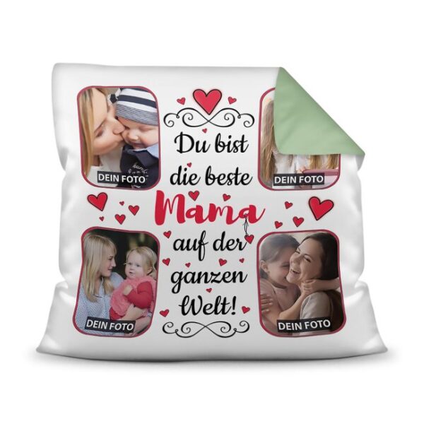 Gestalte hier ein hübsches Fotokissen für die beste Mama - ein hochwertiges Kissen in Seegrün mit Fotocollage zum selbst Gestalten. Setze einfach...