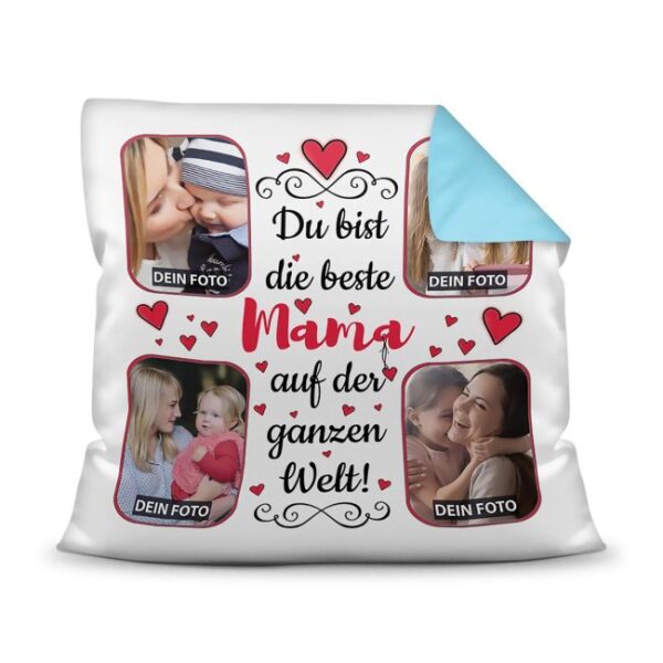 Gestalte hier ein hübsches Fotokissen für die beste Mama - ein hochwertiges Kissen in Hellblau mit Fotocollage zum selbst Gestalten. Setze einfach...