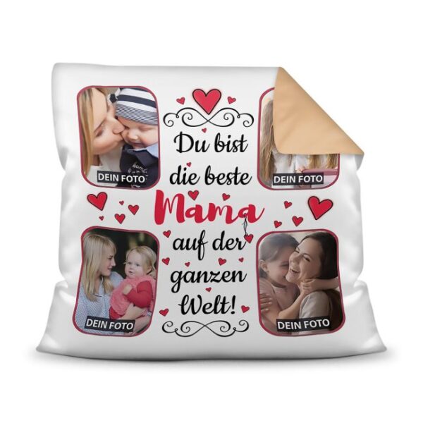 Gestalte hier ein hübsches Fotokissen für die beste Mama - ein hochwertiges Kissen in Beige mit Fotocollage zum selbst Gestalten. Setze einfach...