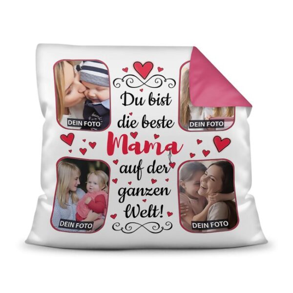 Gestalte hier ein hübsches Fotokissen für die beste Mama - ein hochwertiges Kissen in Pink mit Fotocollage zum selbst Gestalten. Setze einfach vier...