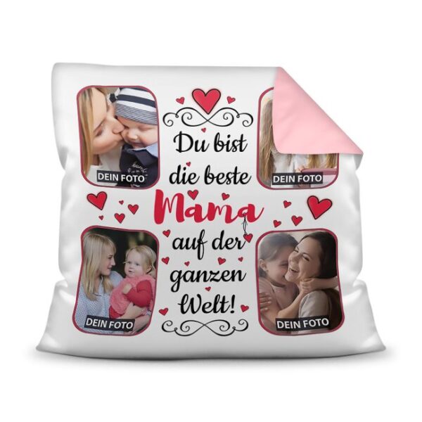 Gestalte hier ein hübsches Fotokissen für die beste Mama - ein hochwertiges Kissen in Rosa mit Fotocollage zum selbst Gestalten. Setze einfach vier...