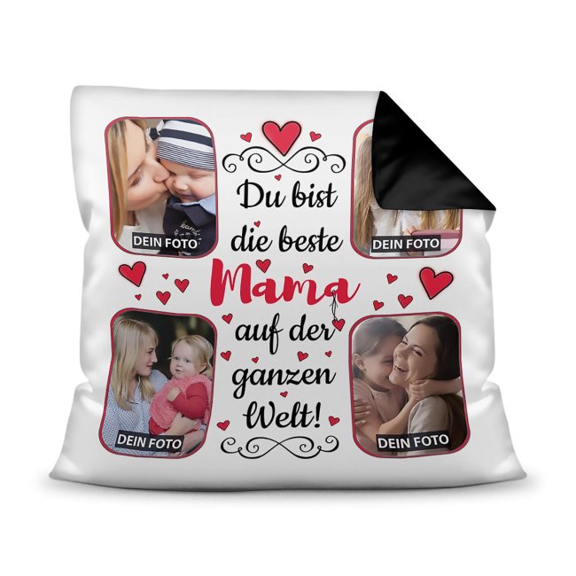 Gestalte hier ein hübsches Fotokissen für die beste Mama - ein hochwertiges Kissen in Schwarz mit Fotocollage zum selbst Gestalten. Setze einfach...