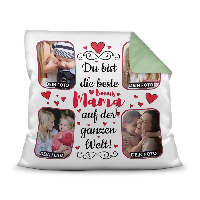 Gestalte hier ein hübsches Fotokissen für die beste Bonusmama - ein hochwertiges Kissen in Seegrün mit Fotocollage zum selbst Gestalten. Setze...