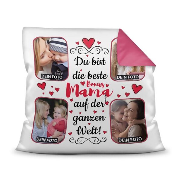 Gestalte hier ein hübsches Fotokissen für die beste Bonusmama - ein hochwertiges Kissen in Pink mit Fotocollage zum selbst Gestalten. Setze einfach...