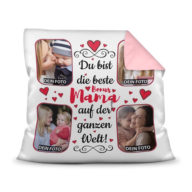 Gestalte hier ein hübsches Fotokissen für die beste Bonusmama - ein hochwertiges Kissen in Rosa mit Fotocollage zum selbst Gestalten. Setze einfach...