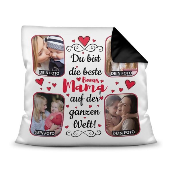 Gestalte hier ein hübsches Fotokissen für die beste Bonusmama - ein hochwertiges Kissen in Schwarz mit Fotocollage zum selbst Gestalten. Setze...