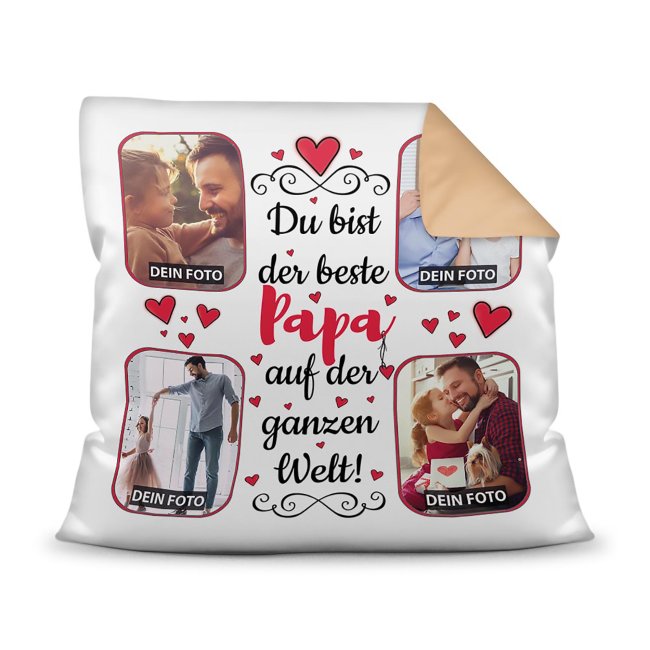 Gestalte hier ein besonderes Fotokissen für den besten Papa - ein hochwertiges Kissen in Beige mit Fotocollage zum selbst Gestalten. Setze einfach...