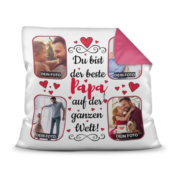 Gestalte hier ein besonderes Fotokissen für den besten Papa - ein hochwertiges Kissen in Pink mit Fotocollage zum selbst Gestalten. Setze einfach...