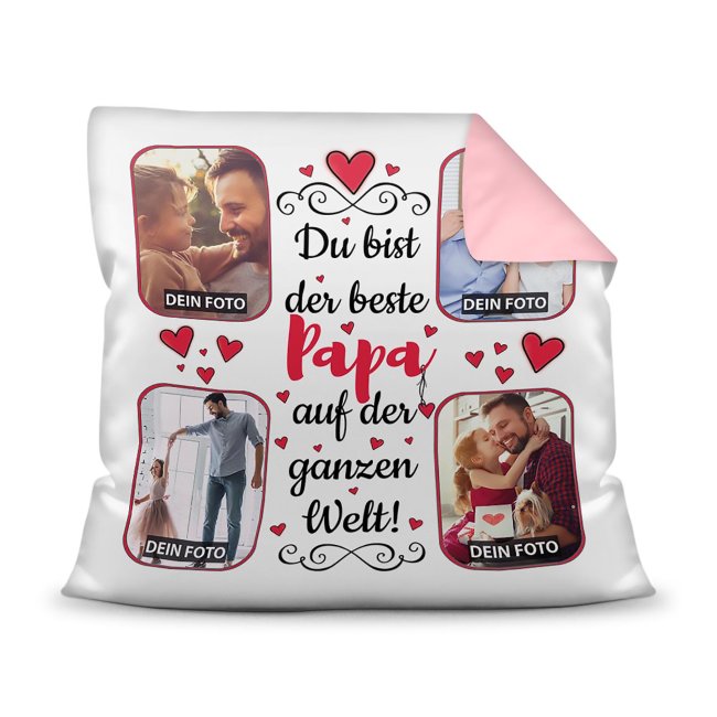 Gestalte hier ein besonderes Fotokissen für den besten Papa - ein hochwertiges Kissen in Rosa mit Fotocollage zum selbst Gestalten. Setze einfach...