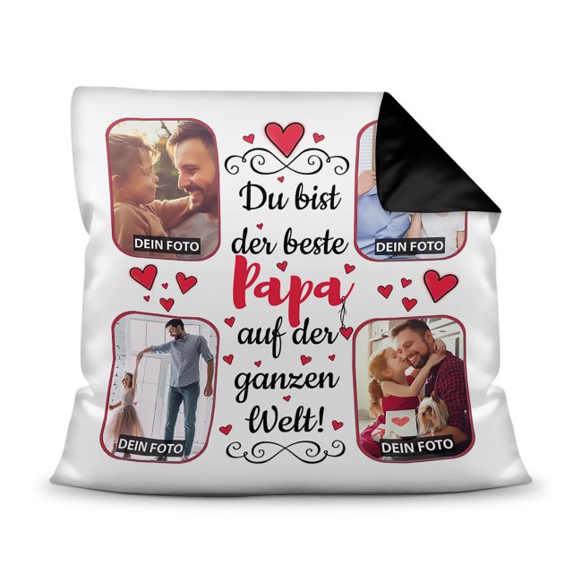 Gestalte hier ein besonderes Fotokissen für den besten Papa - ein hochwertiges Kissen in Schwarz mit Fotocollage zum selbst Gestalten. Setze...