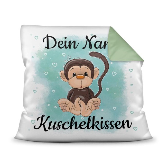 Unser Kissen für Kinder mit Tiermotiv Affe - Rückseite Seegrün - ist das perfekte Kuschelkissen fürs Kinderzimmer - auch als ganz persönliches...