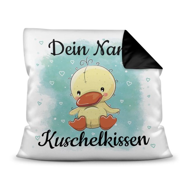 Unser Kissen für Kinder mit Tiermotiv Ente - Rückseite Schwarz - ist das perfekte Kuschelkissen fürs Kinderzimmer - auch als ganz persönliches...