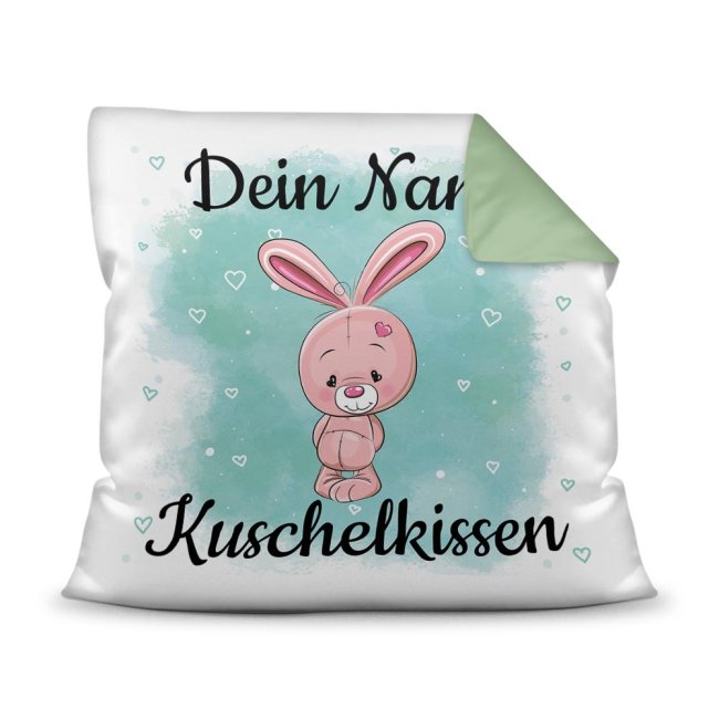 Unser Kissen für Kinder mit Tiermotiv Hase - Rückseite Seegrün - ist das perfekte Kuschelkissen fürs Kinderzimmer - auch als ganz persönliches...