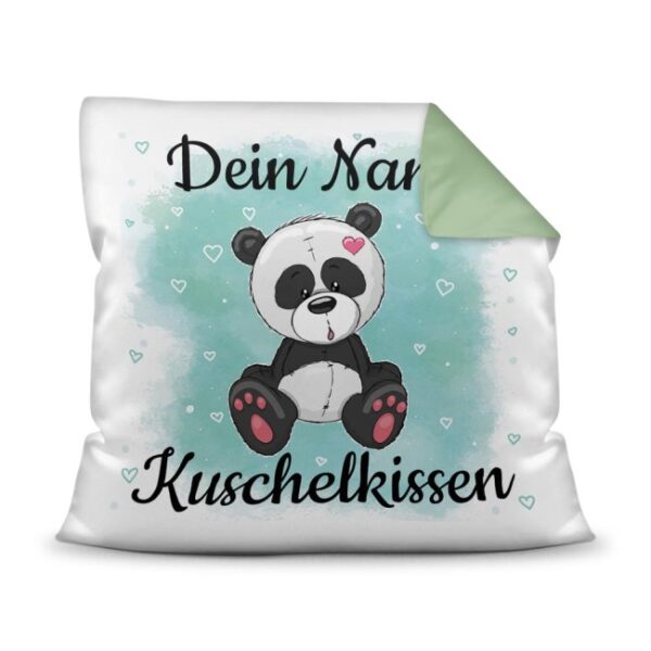 Unser Kissen für Kinder mit Tiermotiv Panda - Rückseite Seegrün - ist das perfekte Kuschelkissen fürs Kinderzimmer - auch als ganz persönliches...