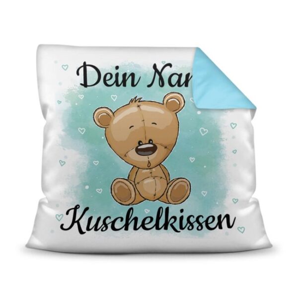 Unser Kissen für Kinder mit Tiermotiv Teddy braun - Rückseite Hellblau - ist das perfekte Kuschelkissen fürs Kinderzimmer - auch als ganz...