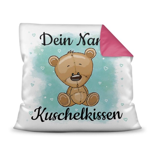 Unser Kissen für Kinder mit Tiermotiv Teddy braun - Rückseite Pink - ist das perfekte Kuschelkissen fürs Kinderzimmer - auch als ganz persönliches...