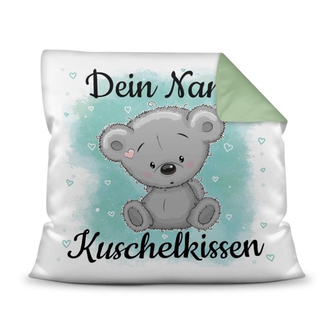 Unser Kissen für Kinder mit Tiermotiv Teddy grau - Rückseite Seegrün - ist das perfekte Kuschelkissen fürs Kinderzimmer - auch als ganz...